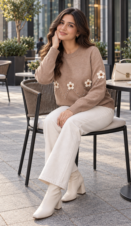 Woman wearing light beige daisy and pearl sweater by Purple Imli in a city street look