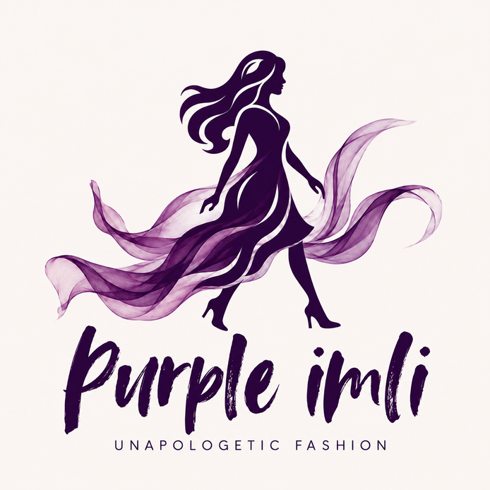 A stylized fashion logo or graphic on a light cream background featuring a dark purple silhouette of a woman in a flowing dress with translucent purple fabric swirls. Below, the text reads 'Purple imli' in large brush-style lettering, with 'UNAPOLOGETIC FASHION' in smaller uppercase text.