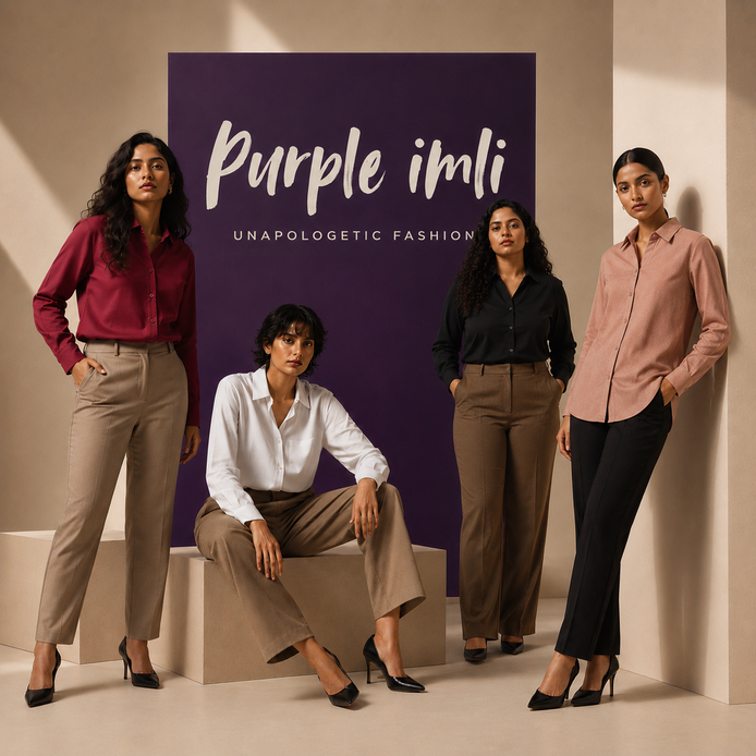 Four women modeling button-down shirts and trousers in a studio setting, standing and sitting in front of a purple backdrop that reads 'Purple imli' and 'UNAPOLOGETIC FASHION'.