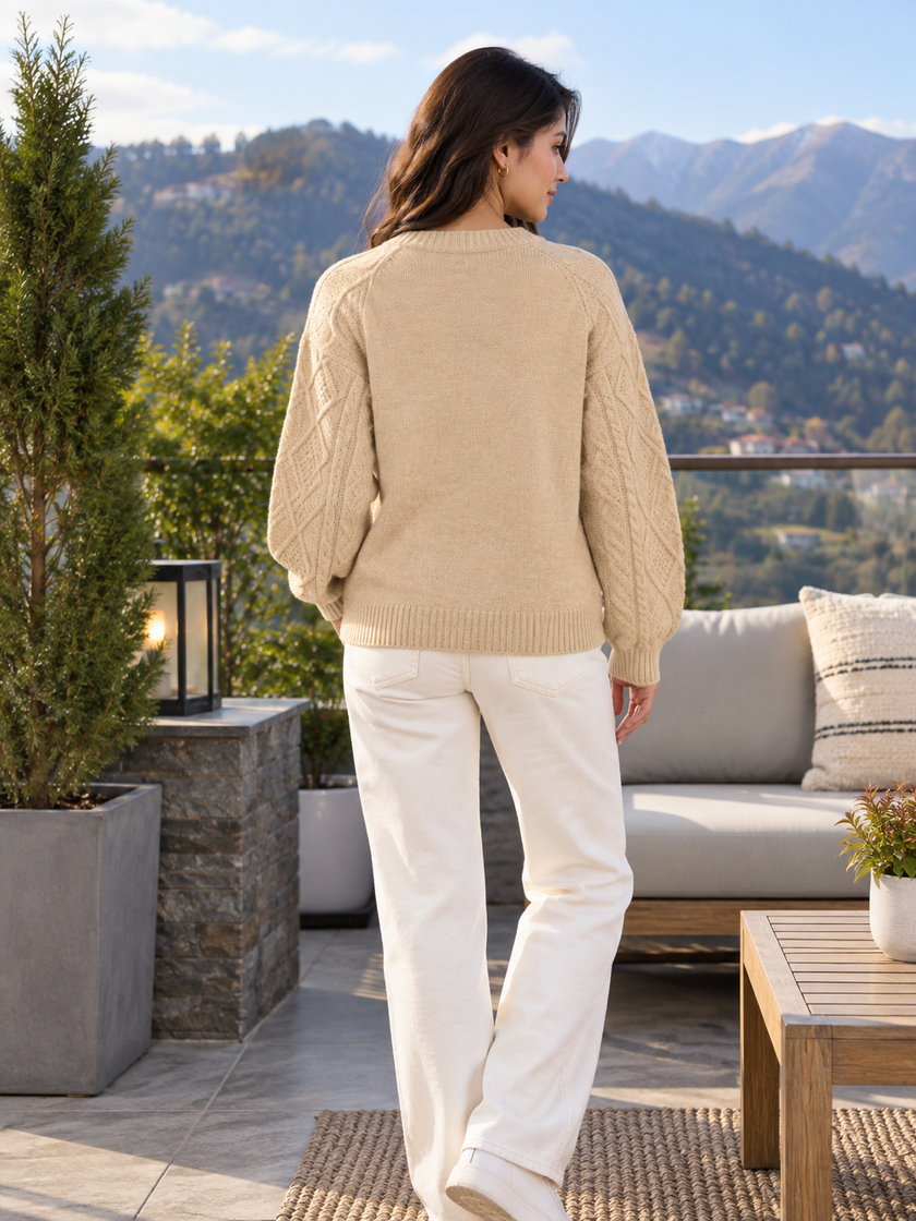 Beige cable knit V-neck women's cardigan by Purple Imli – back view