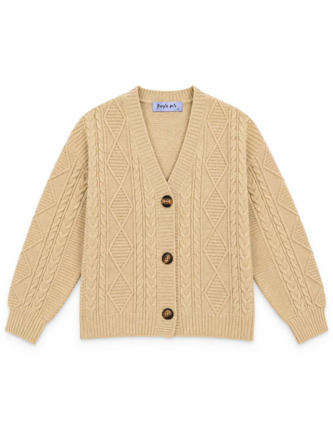 Beige cable knit V-neck women's cardigan by Purple Imli – product shot