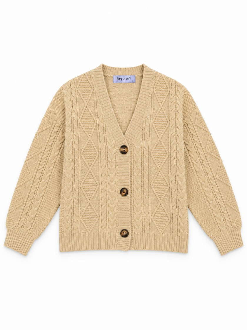 Beige cable knit V-neck women's cardigan by Purple Imli – product shot