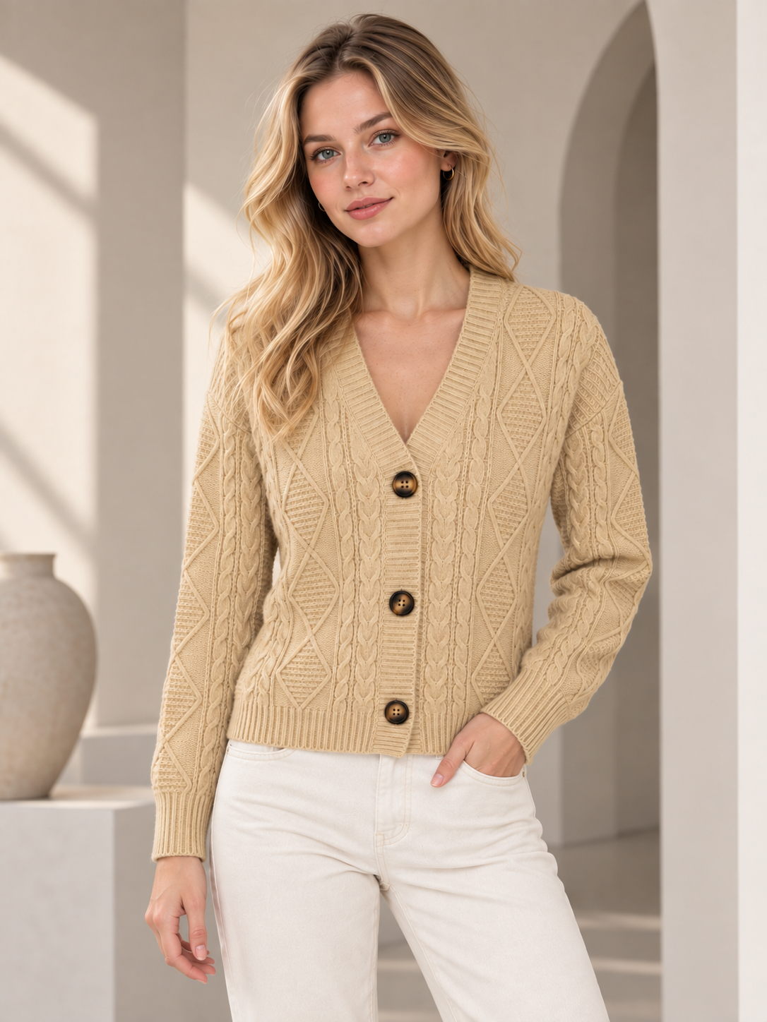 Woman wearing beige cable knit V-neck cardigan by Purple Imli in a city street look