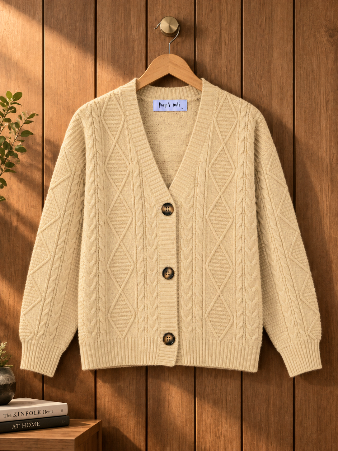Close-up detail of beige cable knit V-neck women's cardigan by Purple Imli