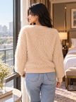 Beige fuzzy daisy button women's cardigan by Purple Imli – back view