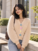 Beige fuzzy daisy button women's cardigan by Purple Imli – front view