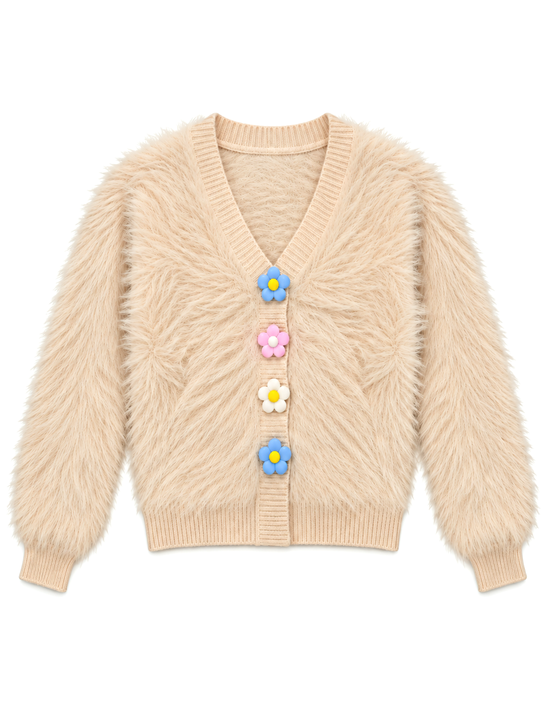 Beige fuzzy daisy button women's cardigan by Purple Imli – product shot