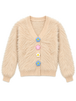 Beige fuzzy daisy button women's cardigan by Purple Imli – product shot