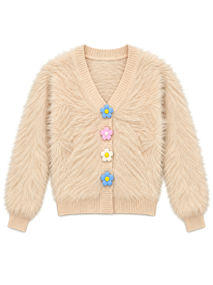 Beige fuzzy daisy button women's cardigan by Purple Imli – product shot