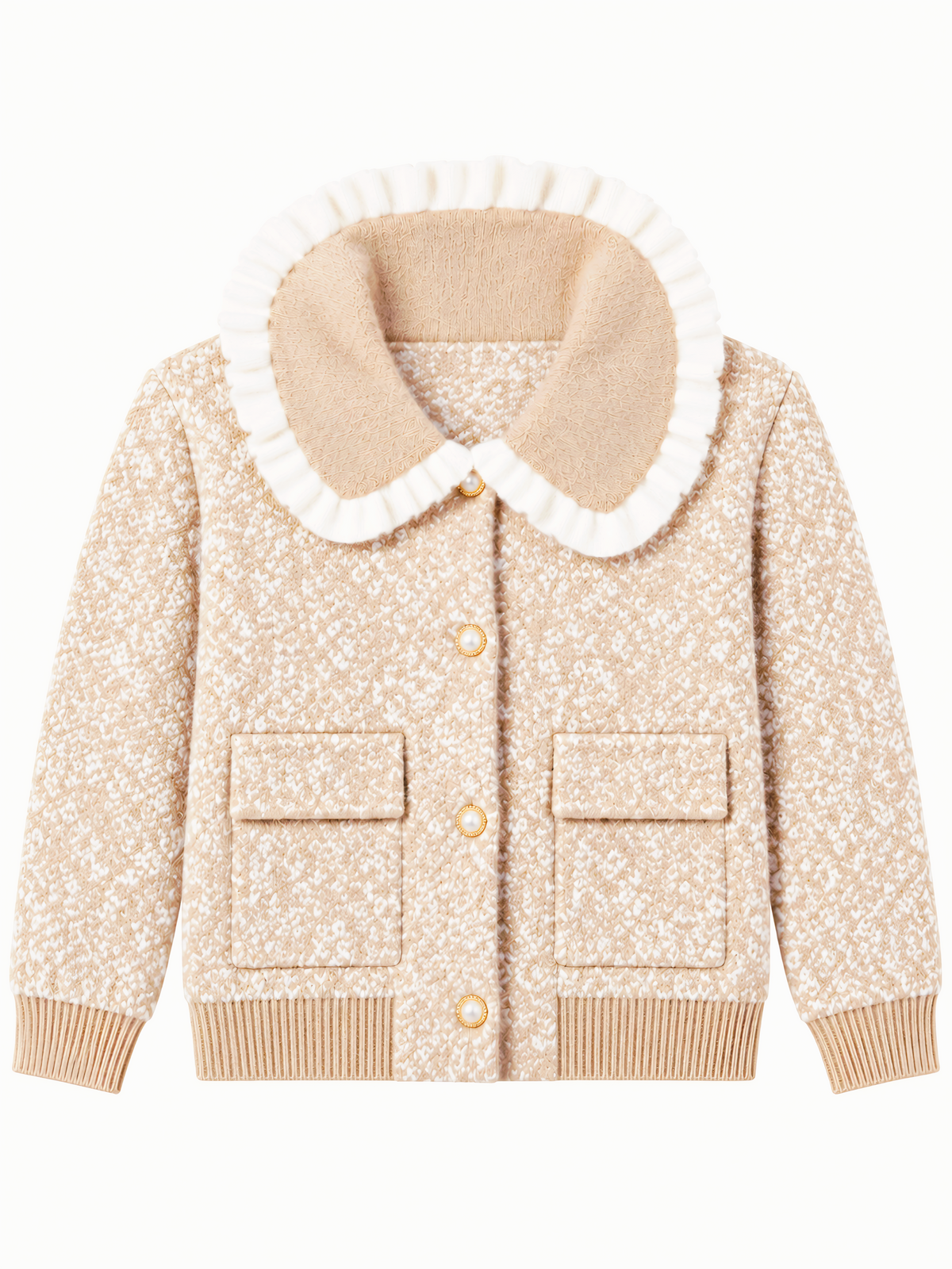 Beige ruffle collar tweed women's jacket by Purple Imli – product shot