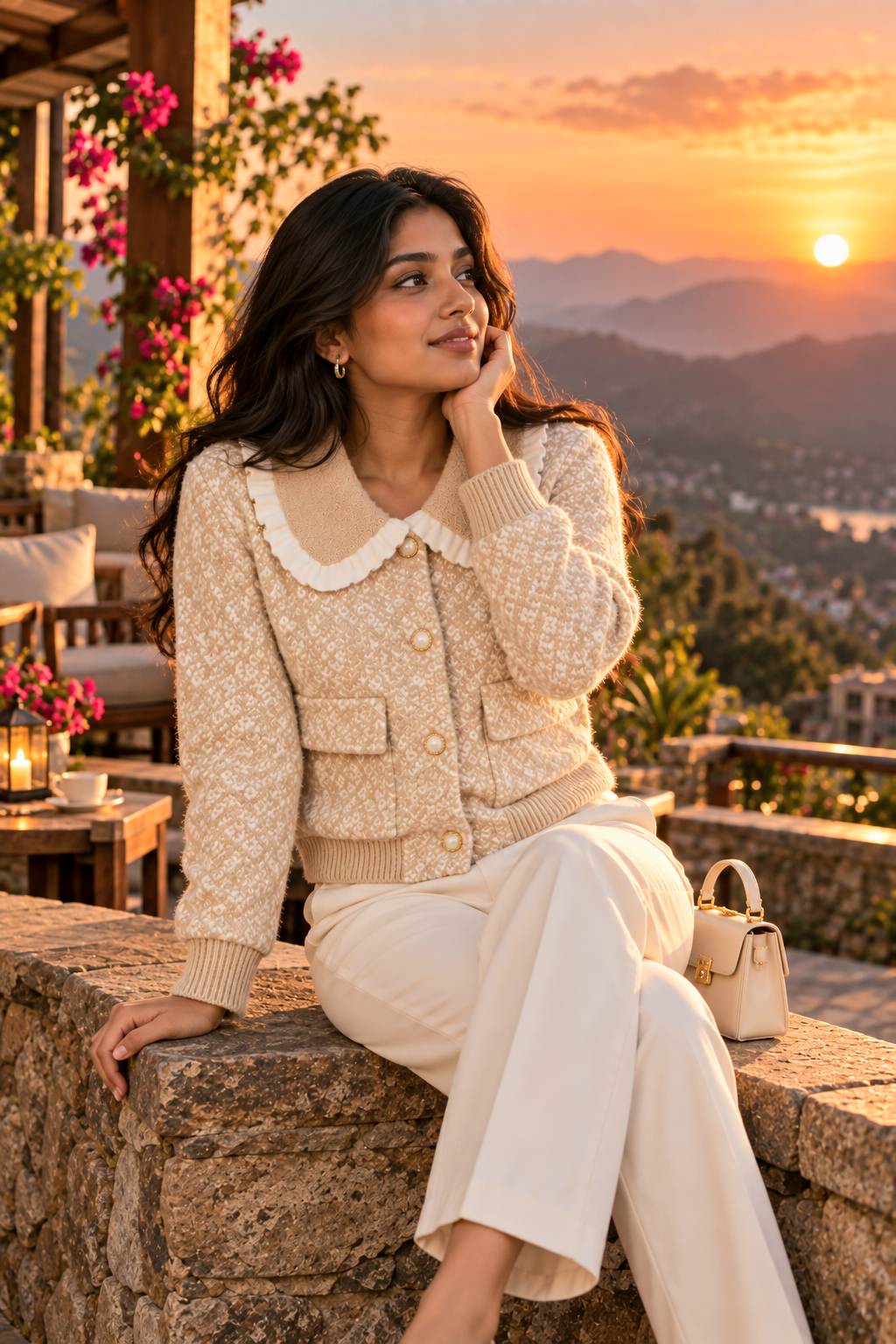 Woman wearing beige ruffle collar tweed jacket by Purple Imli in a city street look