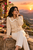 Woman wearing beige ruffle collar tweed jacket by Purple Imli in a city street look