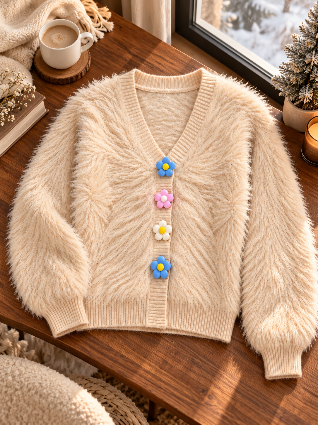 Close-up detail of beige fuzzy daisy button women's cardigan by Purple Imli