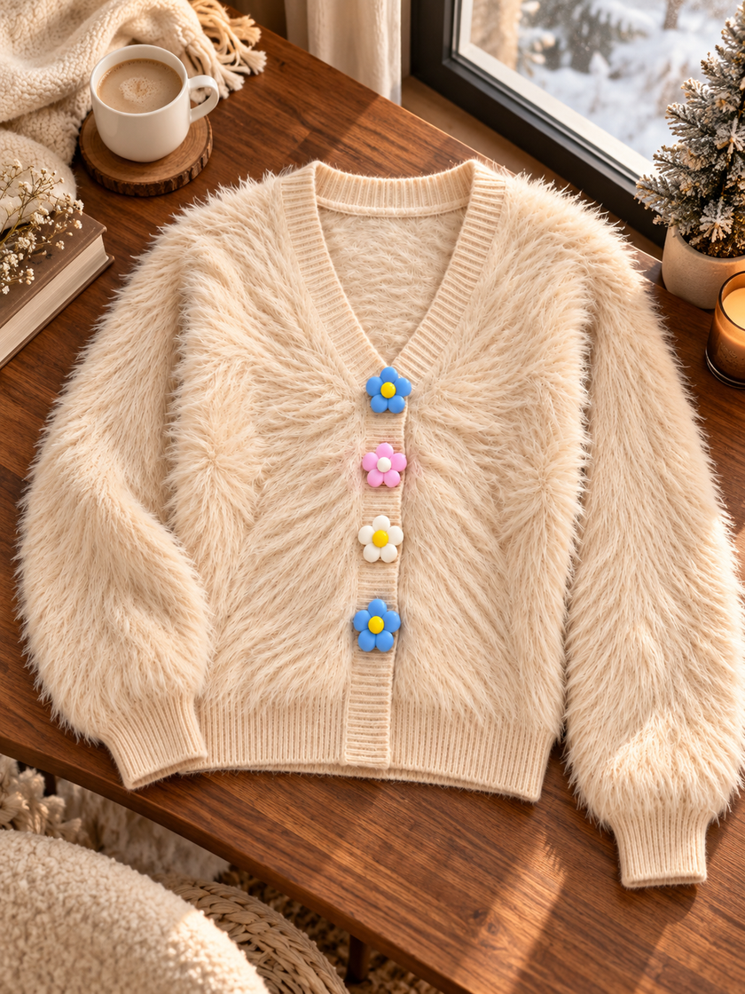 Close-up detail of beige fuzzy daisy button women's cardigan by Purple Imli