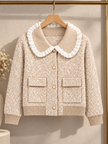 Close-up detail of beige ruffle collar tweed women's jacket by Purple Imli