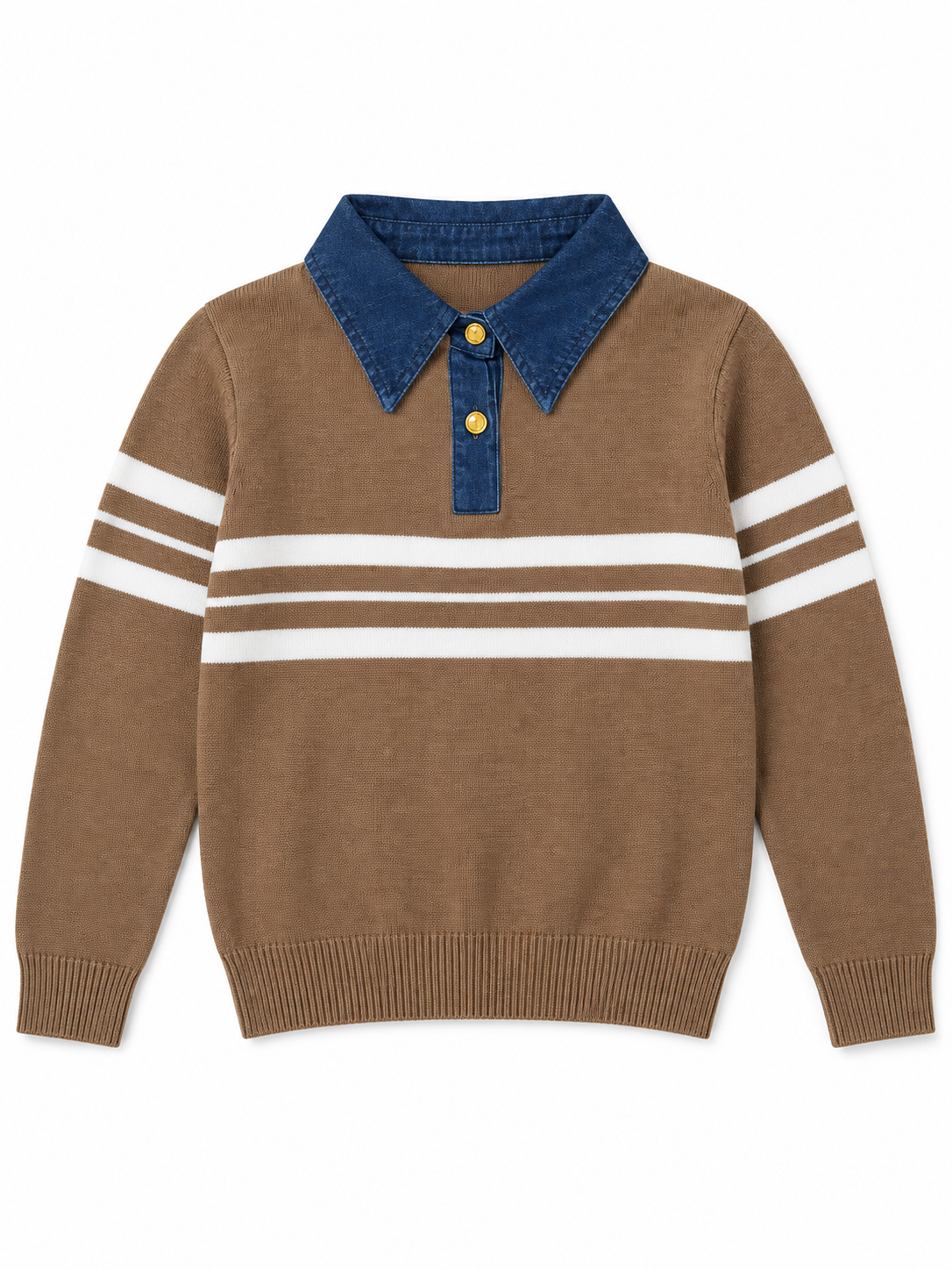 Beige denim collar striped women's sweater by Purple Imli – product shot