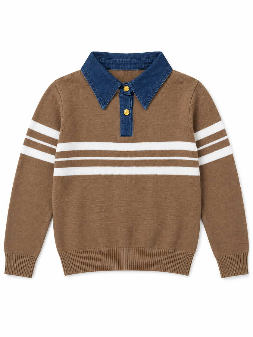 Beige denim collar striped women's sweater by Purple Imli – product shot