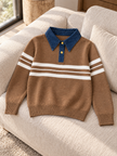 Close-up detail of beige denim collar striped women's sweater by Purple Imli