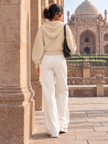 Beige cropped ribbed zip women's hoodie by Purple Imli – back view