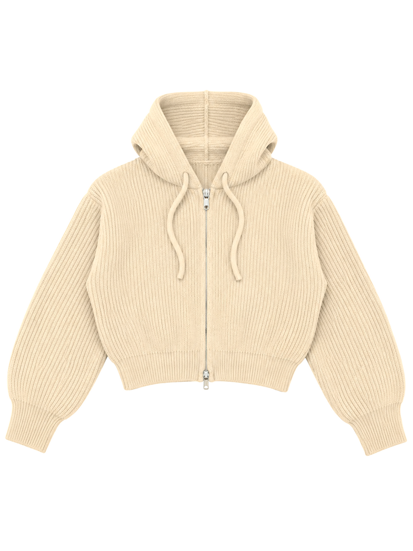Beige cropped ribbed zip women's hoodie by Purple Imli – product shot
