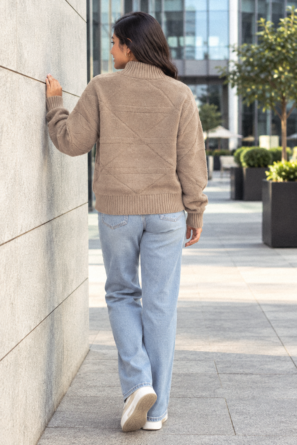 Beige textured knit zip-up women's sweater by Purple Imli – back view