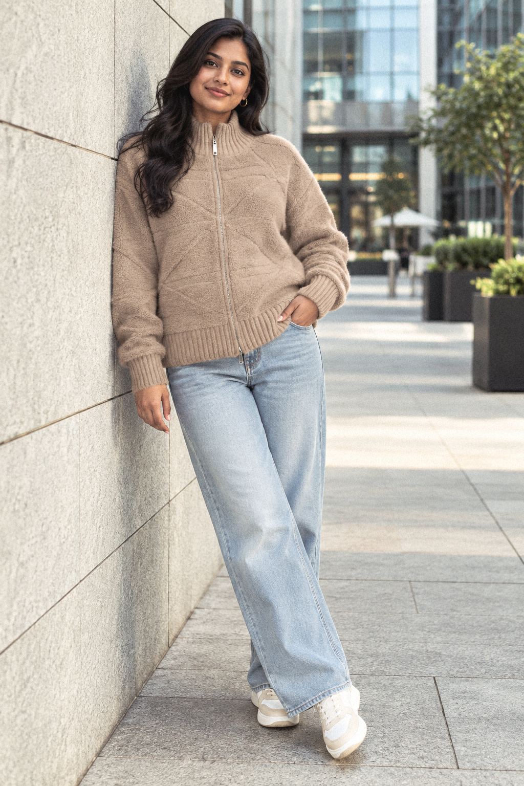 Beige textured knit zip-up women's sweater by Purple Imli – front view