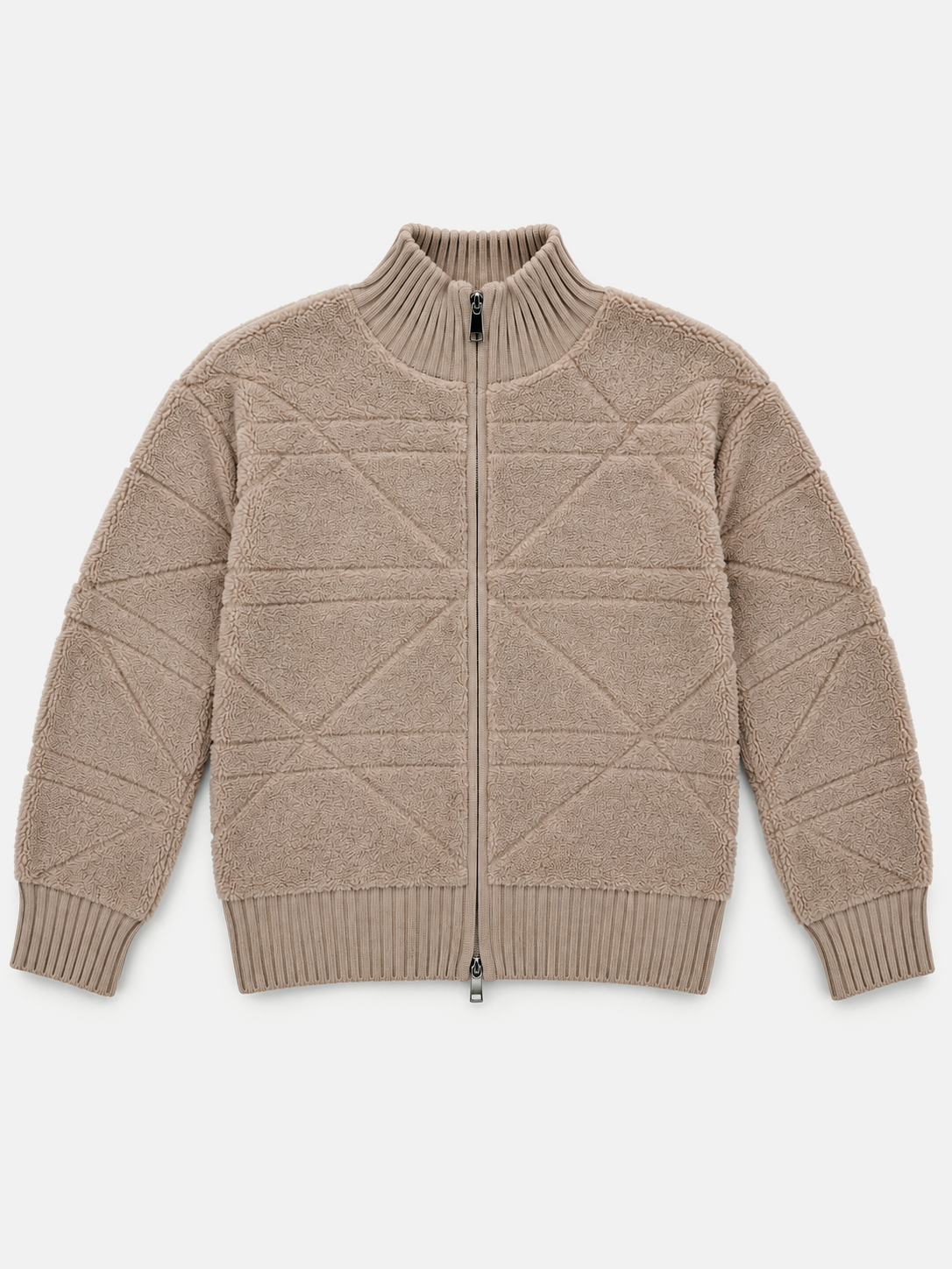 Beige textured knit zip-up women's sweater by Purple Imli – product shot