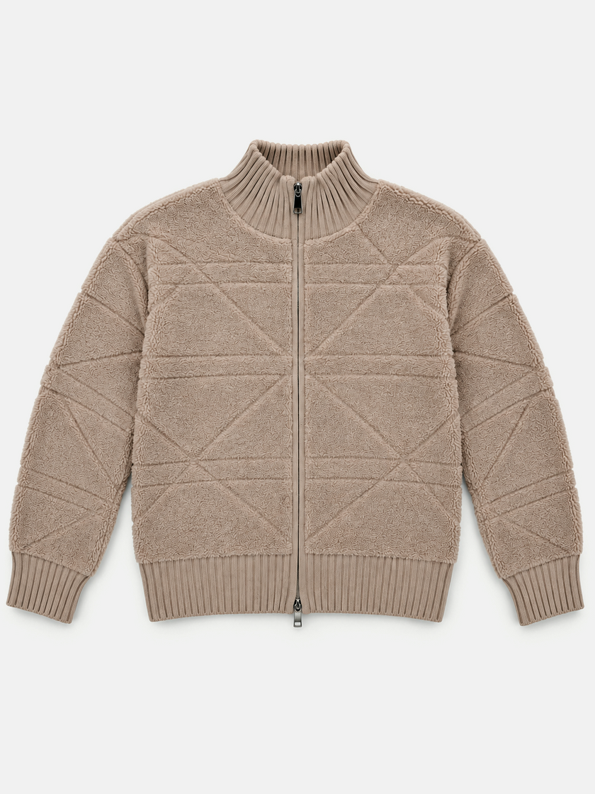 Beige textured knit zip-up women's sweater by Purple Imli – product shot