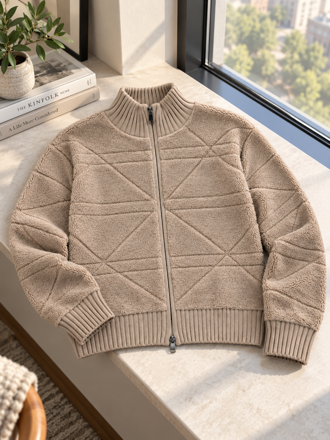 Close-up detail of beige textured knit zip-up women's sweater by Purple Imli