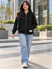 Black knit zip-up women's hoodie by Purple Imli – front view
