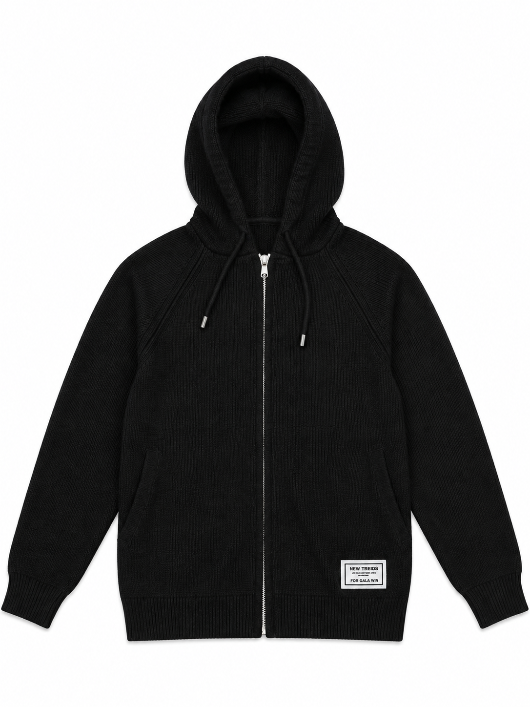 Black knit zip-up women's hoodie by Purple Imli – product shot