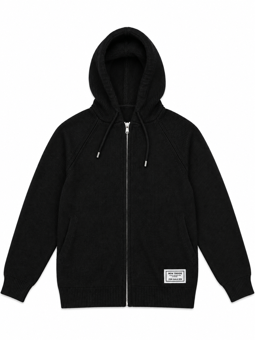 Black knit zip-up women's hoodie by Purple Imli – product shot