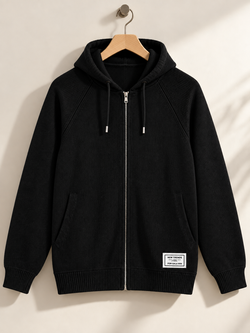 Close-up detail of black knit zip-up women's hoodie by Purple Imli
