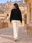 Black 3D flower V-neck women's cardigan by Purple Imli – back view