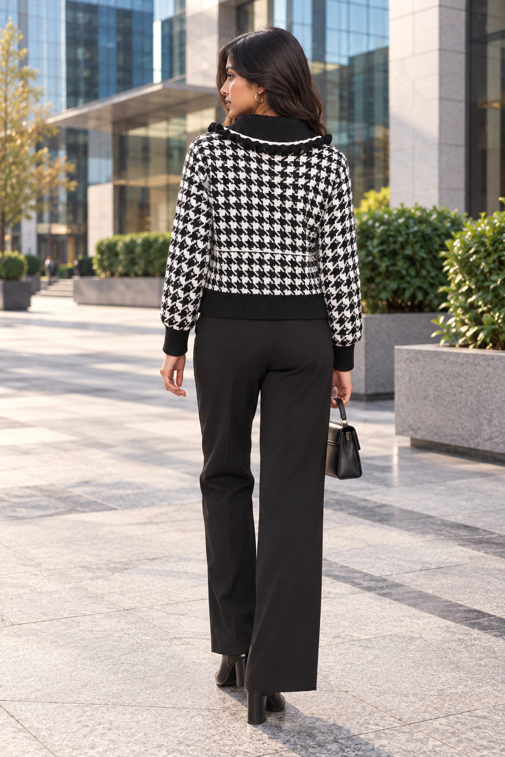 Black houndtooth ruffle collar women's cardigan by Purple Imli – back view