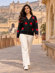 Black 3D flower V-neck women's cardigan by Purple Imli – front view