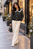 Black ruffle collar tweed women's jacket by Purple Imli – front view