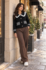 Black striped pocket ruffle women's cardigan by Purple Imli – front view