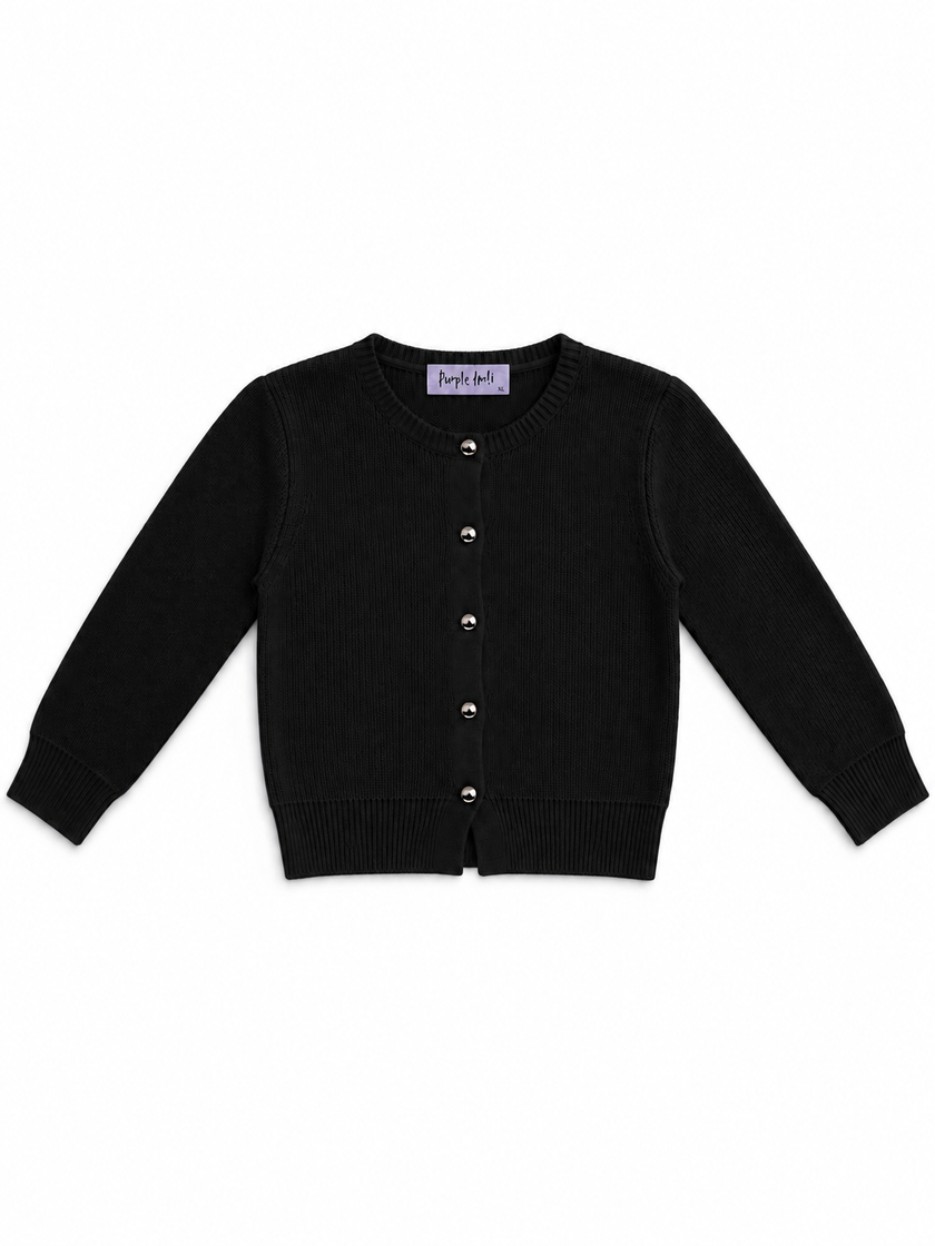 Black classic button women's cardigan by Purple Imli – product shot