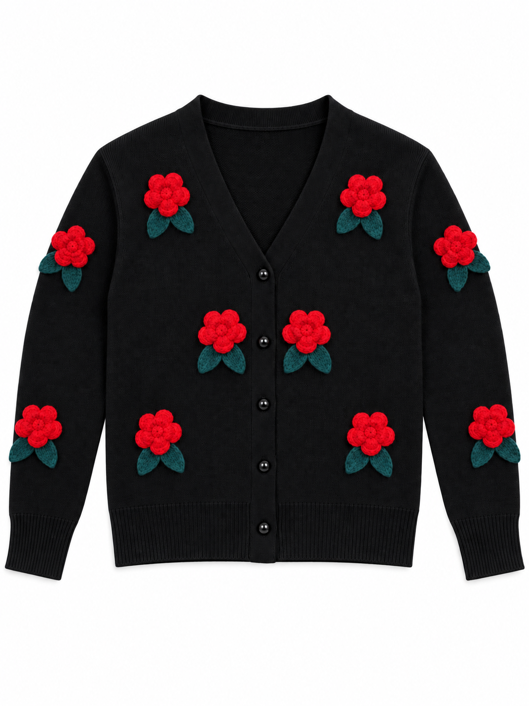 Black 3D flower V-neck women's cardigan by Purple Imli – product shot