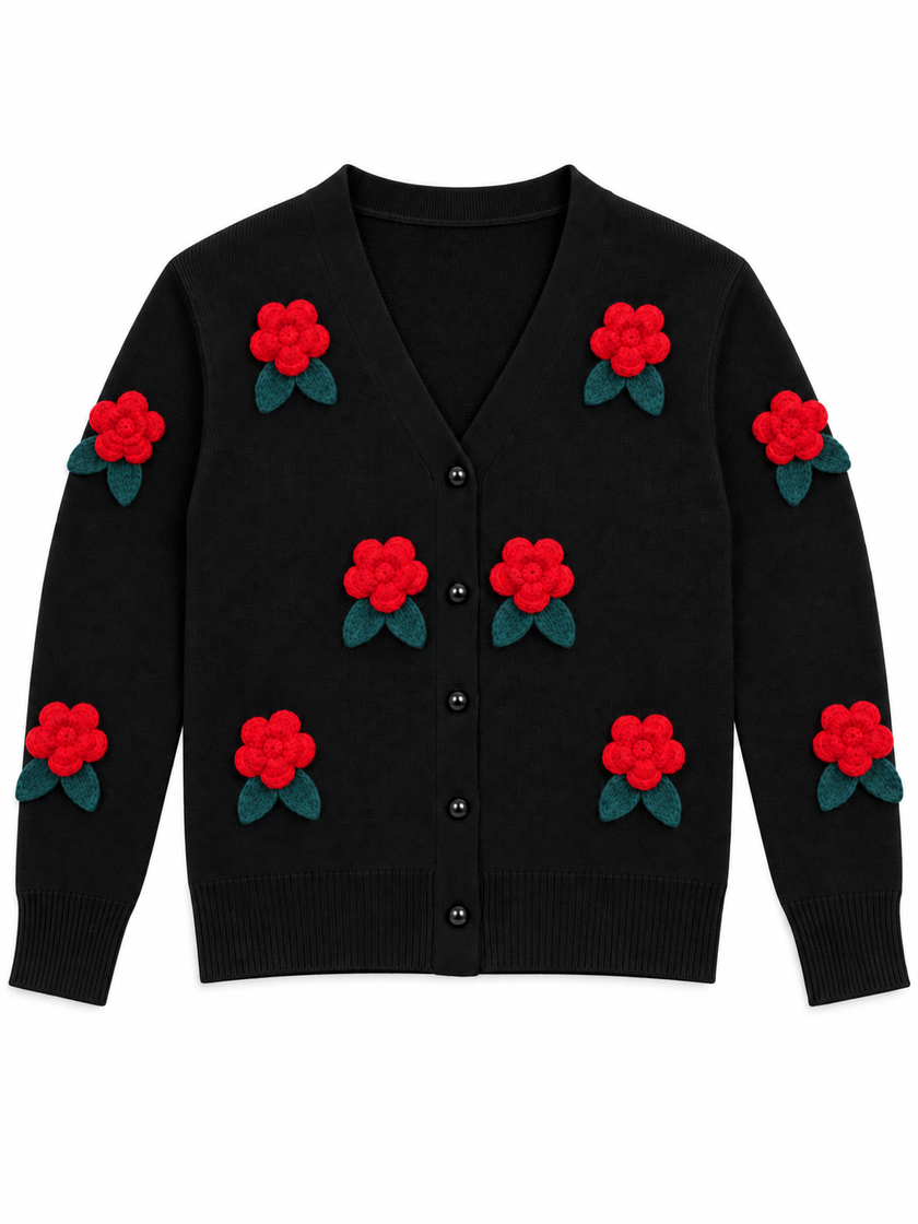 Black 3D flower V-neck women's cardigan by Purple Imli – product shot