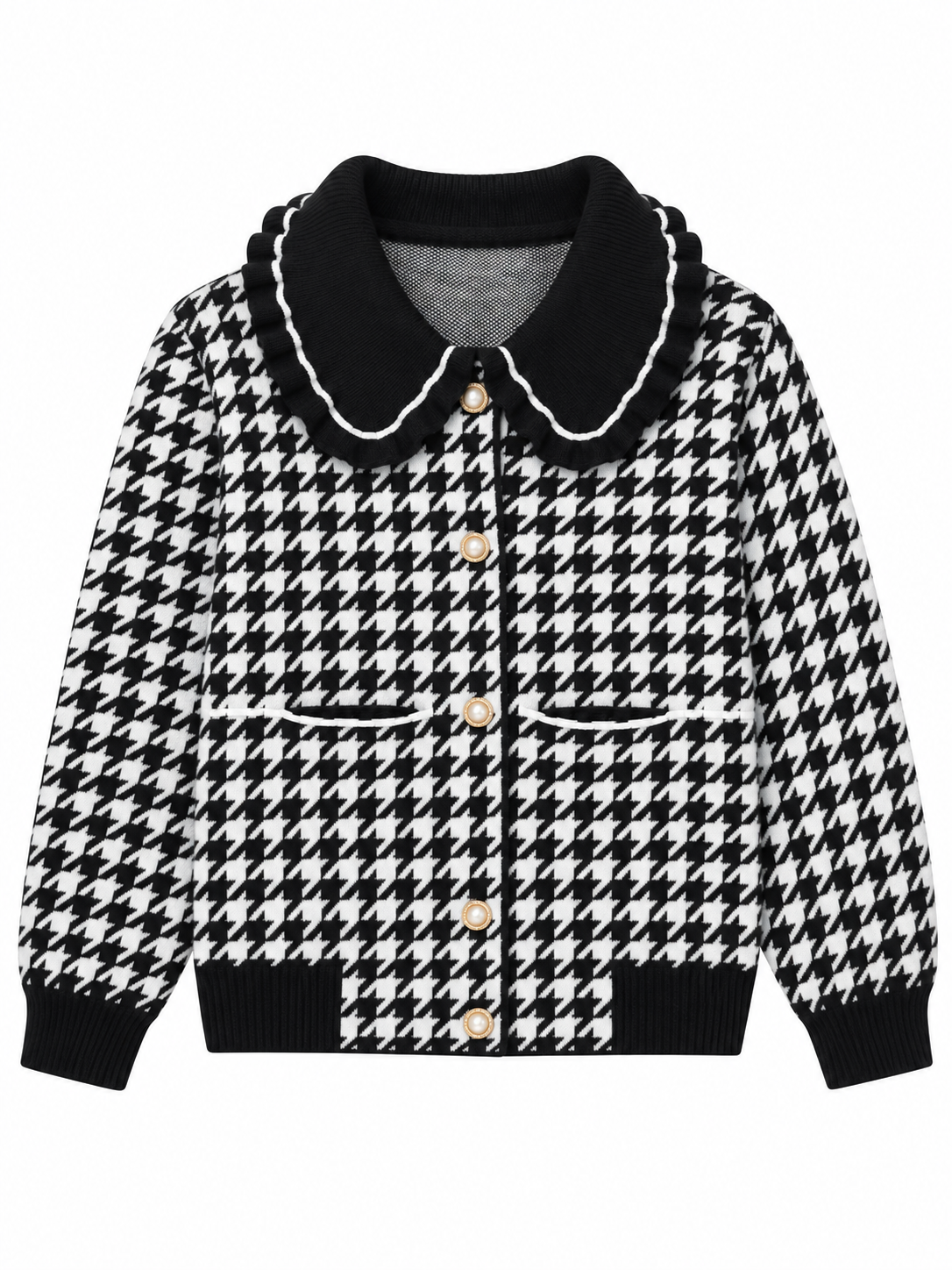 Black houndtooth ruffle collar women's cardigan by Purple Imli – product shot