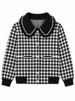 Black houndtooth ruffle collar women's cardigan by Purple Imli – product shot