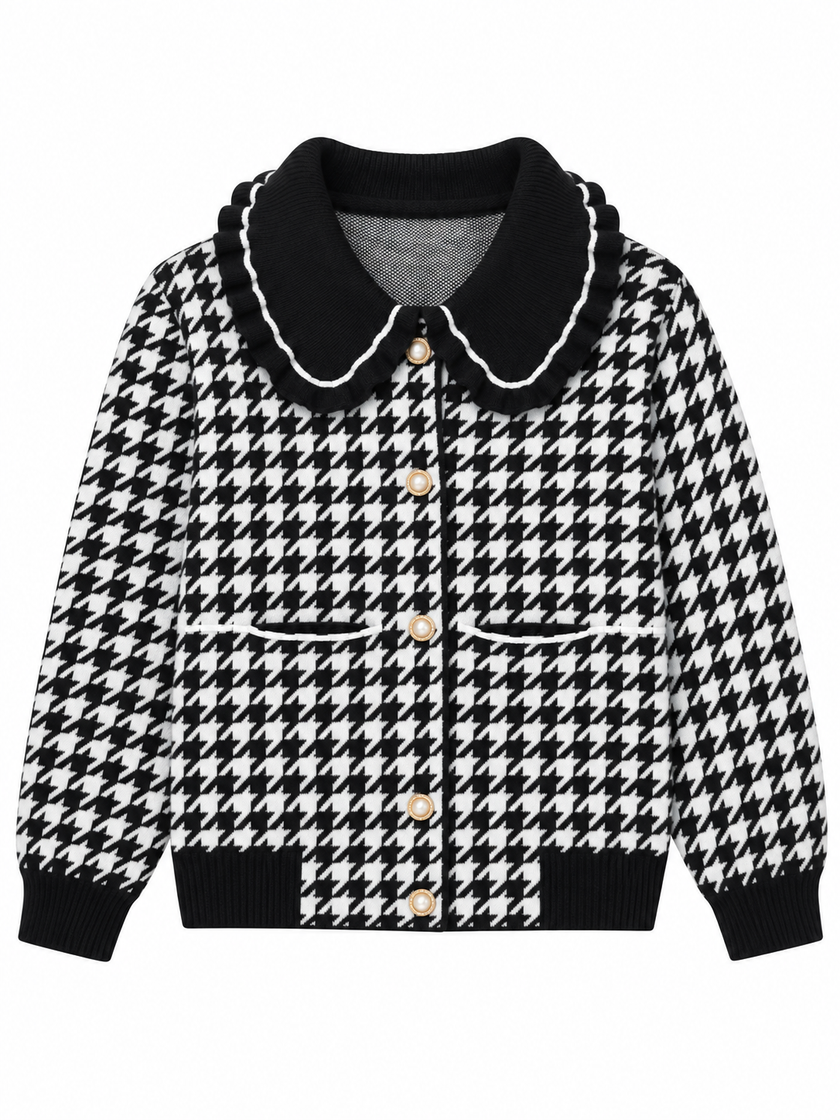 Black houndtooth ruffle collar women's cardigan by Purple Imli – product shot