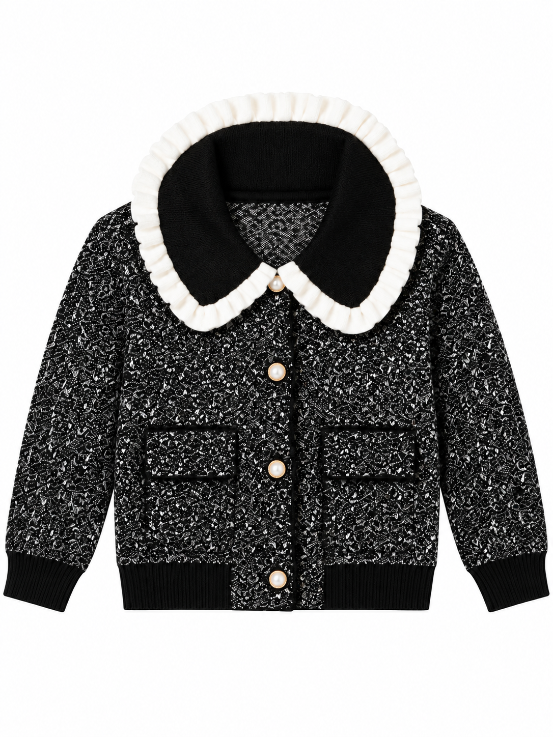 Black ruffle collar tweed women's jacket by Purple Imli – product shot
