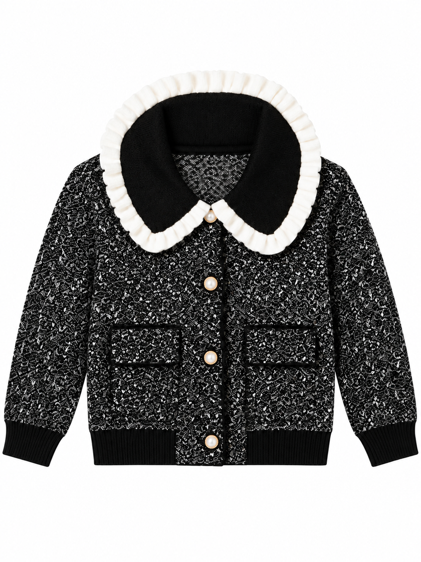 Black ruffle collar tweed women's jacket by Purple Imli – product shot