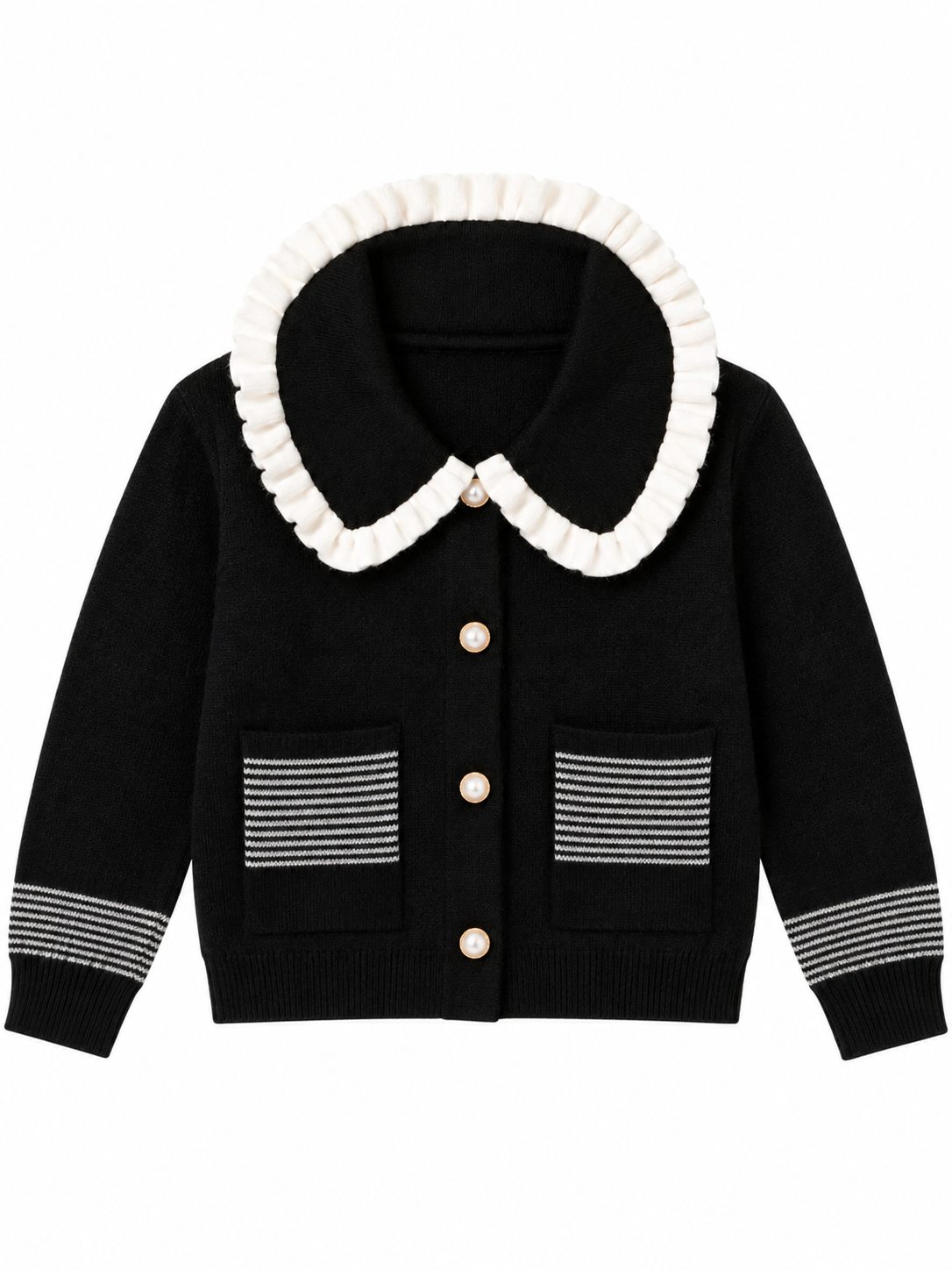 Black striped pocket ruffle women's cardigan by Purple Imli – product shot
