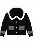 Black striped pocket ruffle women's cardigan by Purple Imli – product shot