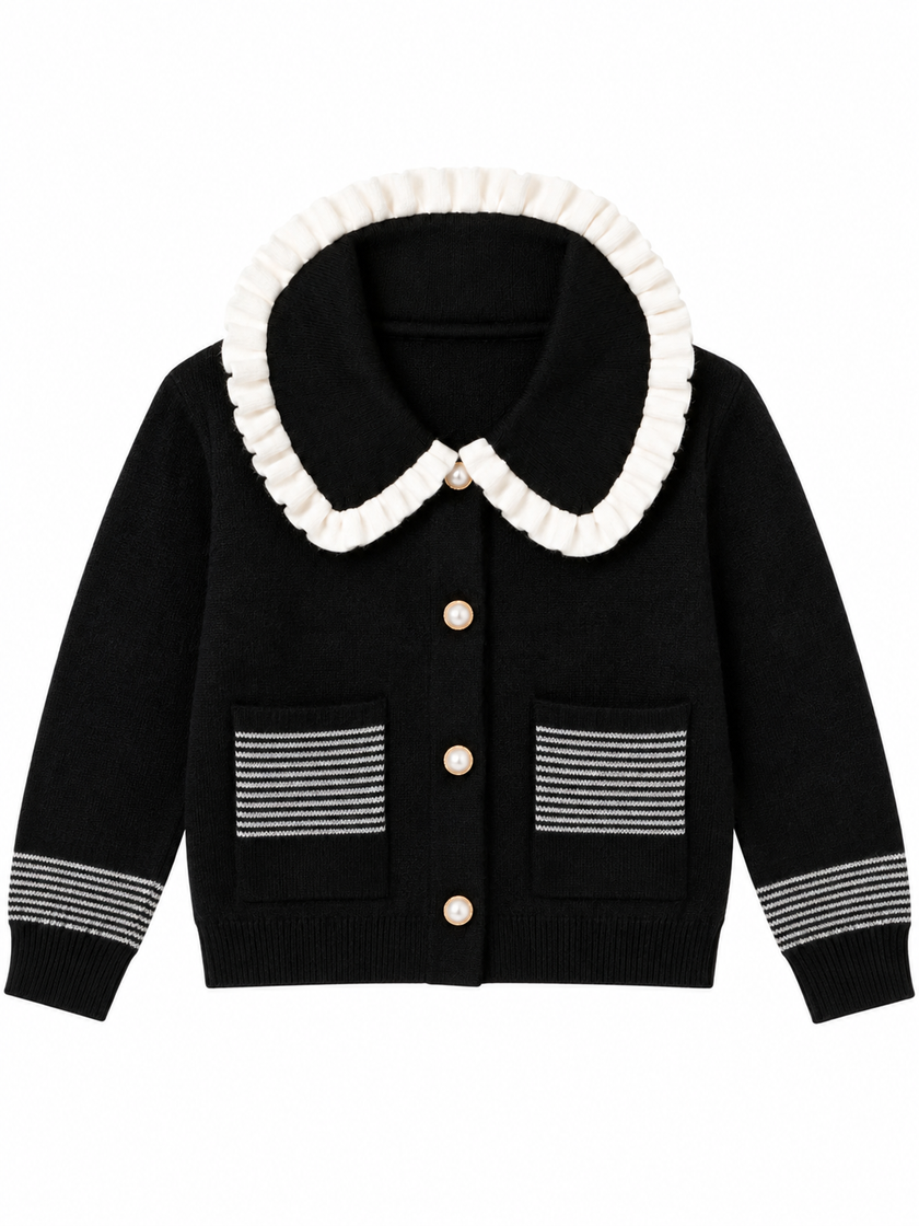 Black striped pocket ruffle women's cardigan by Purple Imli – product shot