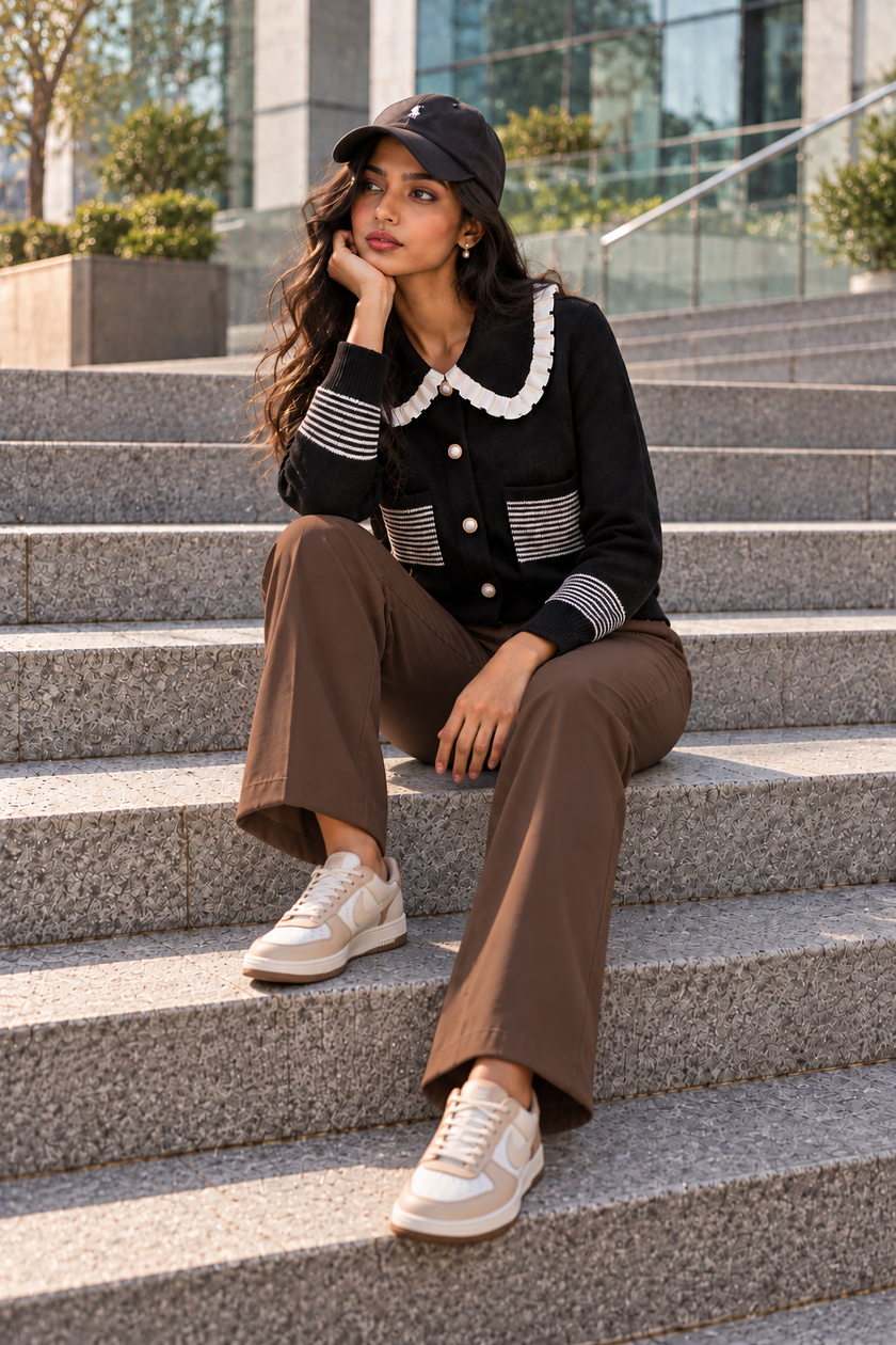 Woman wearing black striped pocket ruffle cardigan by Purple Imli in a city street look